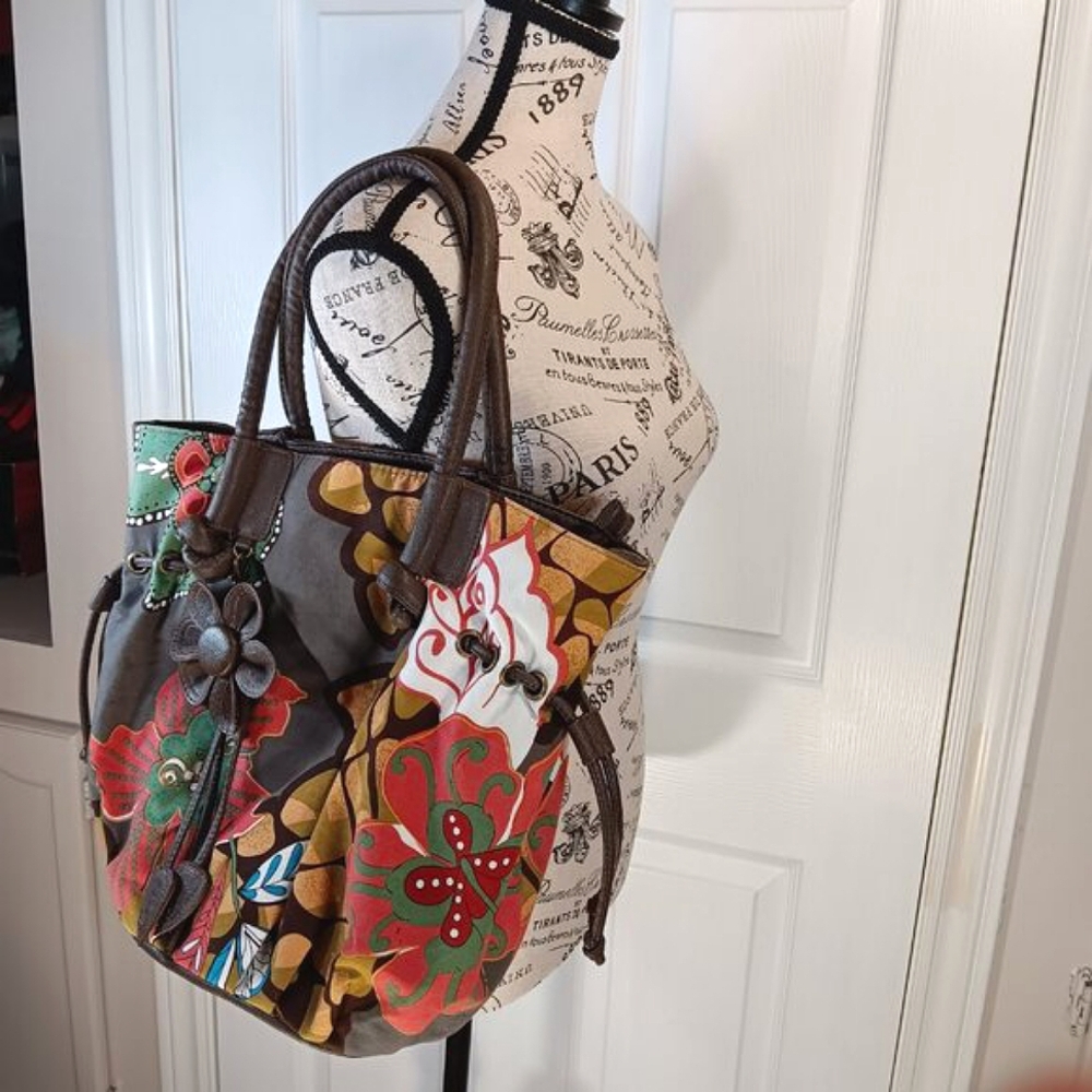 NWOT D.Fusion Multicolor Floral  Shoulder Bag Fabric Faux Leather Straps Summer - Picture 14 of 16